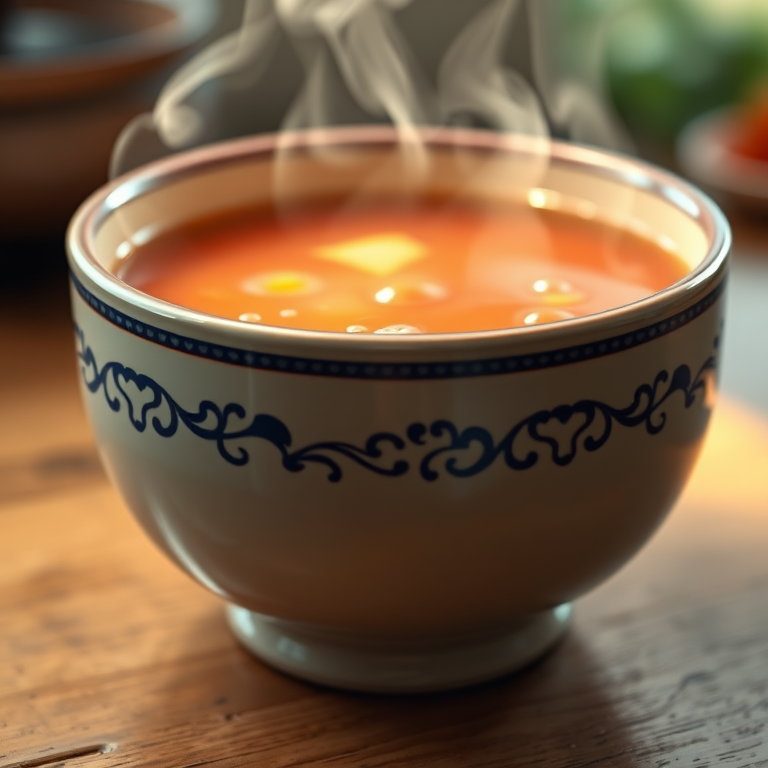 Create a high-quality digital illustration of a steaming bowl of soup with visible bubbles, using a close-up view, natural soft lighting, shallow depth of field, and a 50mm lens on a DSLR camera.