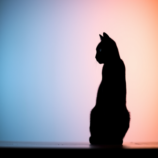 Generate a high-resolution image of a minimalist black silhouette of a cat sitting gracefully, captured with a 50mm lens at f/1.8, using a full-frame DSLR camera with a shallow depth of field, side lighting for dramatic effect, and a soft focus background for enhanced visual appeal.