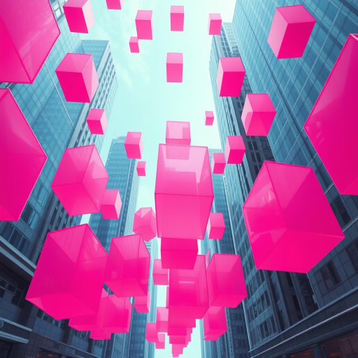 Create a surreal scene of floating pink translucent cubes in a futuristic cityscape, viewed from below looking upwards, using a high-resolution camera with a wide aperture (f/2.8), shutter speed of 1/125s, ISO 100, and a tilt-shift lens to enhance depth of field and clarity.