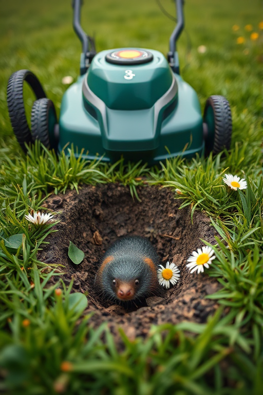 Capture a descending view of a lawn mower on a grassy surface, showing a mole digging underground with detailed soil, delicate leaves, and vibrant flowers like daisies, using a DSLR camera with a 50mm lens, aperture f/2.8, ISO 100, and a shallow depth of field for a soft background blur.
