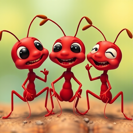 Create a vibrant cartoon-style illustration of three playful red ants, one expressing frustration while the others engage in lighthearted antics, captured with a Canon EOS 5D Mark IV, 50mm lens, f/2.8 aperture, ISO 100, shot from a low angle to emphasize the ants' interactions with bright, saturated colors.