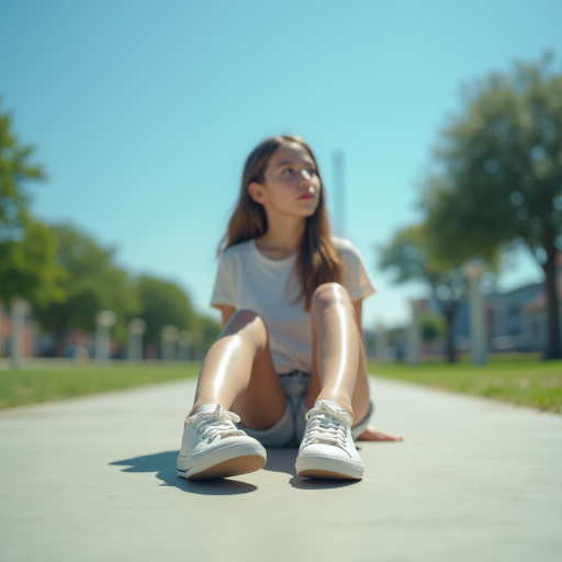 Generate an ultra-realistic, highly detailed, high-definition photograph. It's a photo of a girl sitting on the floor. She's looking at the horizon. The photo is taken from the bottom up, at ground level. The girl's sneakers are in the foreground, in the center of the scene. The girl is wearing light clothes, a t-shirt and short shorts. The sky is blue. Bright environment. The background is a blurred image of a park.