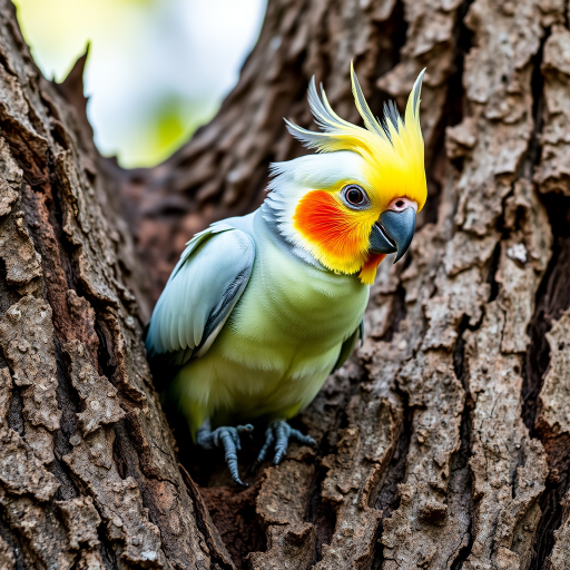 Create a detailed image of a cockatiel perched on a textured tree bark, with vibrant colors and sharp focus, using a DSLR camera, 50mm lens, aperture f/1.8, ISO 200, and natural lighting.
