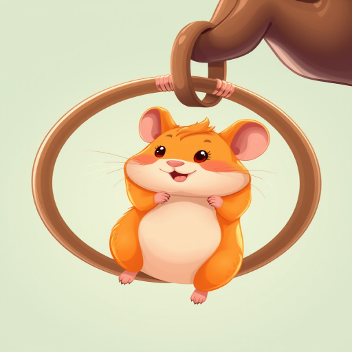 Create a vibrant cartoon-style illustration of a whimsical orange hamster playfully hanging from a brown ring, using a digital drawing tablet with a high-resolution canvas, 300 DPI, soft lighting, and a bright color palette.