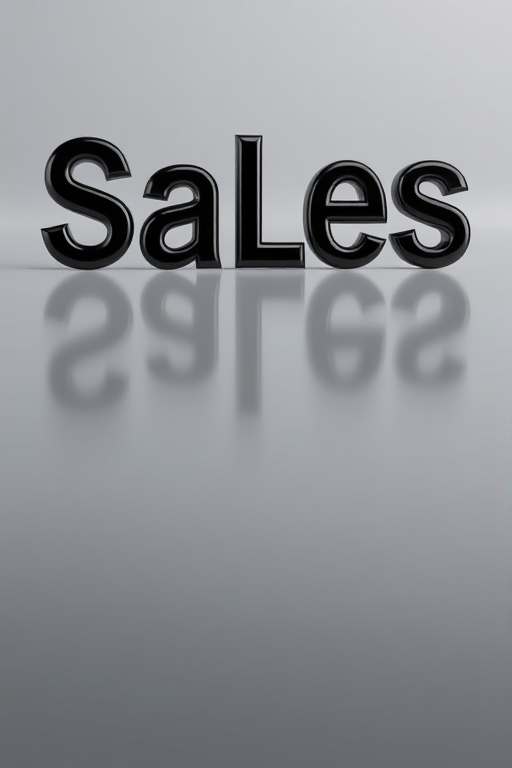 Create a 3D image with the word "Sales" in glossy black letters, reflecting on a smooth gray surface, using a lens aperture of f/2.8, a shutter speed of 1/60s, a focal length of 50mm, and a depth of field effect in a soft, diffused lighting style with a Canon EOS 5D.