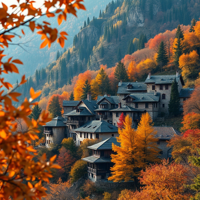 Generate a high-resolution image of a mountainous village with traditional architecture nestled among trees in autumn colors, using a DSLR camera with a 35mm lens, aperture set to f/8, ISO at 100, and a wide angle view, emphasizing depth of field and vibrant foliage.