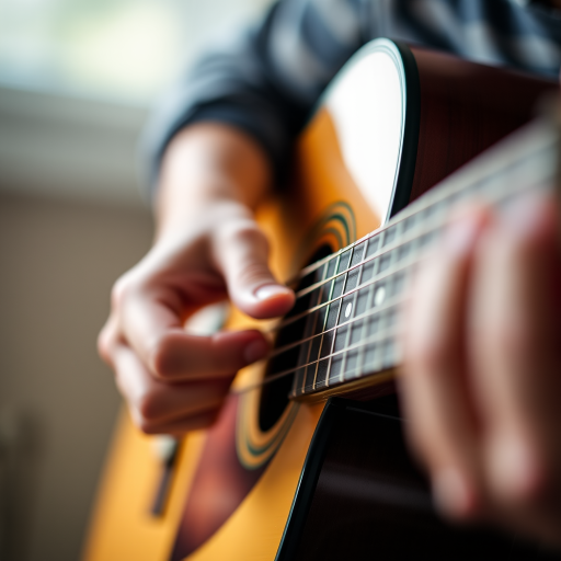 Close-up of a hand playing an acoustic guitar, soft natural lighting, shallow depth of field, taken with a DSLR camera at f/2.8, 50mm lens, ISO 100, vibrant colors, focus on strings and fingertips.