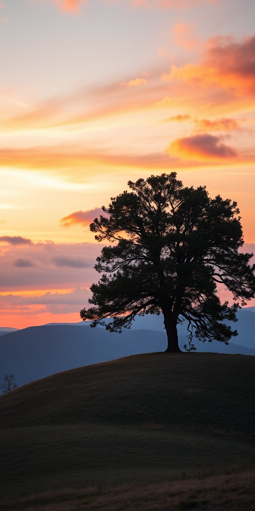 a solitary tree atop a gently sloping hill at sunset with colorful clouds in the background, shot with a DSLR camera at f/8 aperture, ISO 100, 1/250 sec shutter speed, using a wide-angle lens for depth, capturing vibrant colors and sharp details