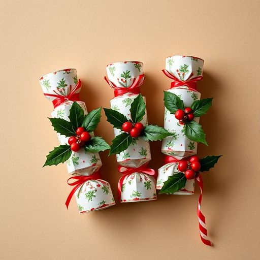 Create an illustration of three Christmas crackers decorated with holly and red berries, captured with a Canon EOS R5, 50mm lens, f/2.8 aperture, ISO 100, natural lighting, top-down view.