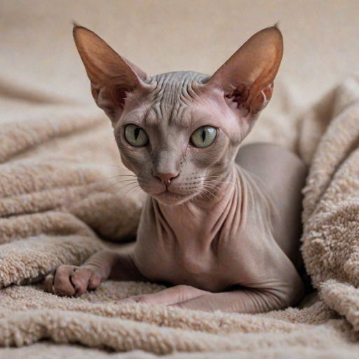 A close-up photograph of a beautiful sphinx cat lounging comfortably on a plush blanket, its skin shimmering under soft, natural light, highlighting the delicate details of its fur-free body and expressive eyes