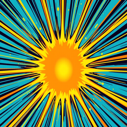 create a vibrant comic-style explosion background with rays radiating outwards, bright yellow center, high resolution, shot with a DSLR camera at f/8 aperture for sharpness, 1/250 sec shutter speed for clarity, and ISO 100 for optimal quality, using a wide-angle lens for a dramatic effect