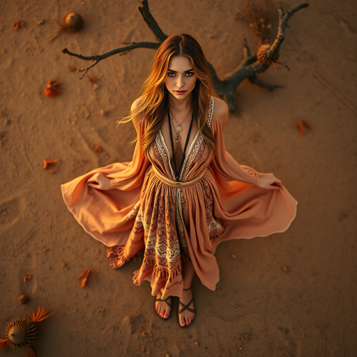 Desert setting, bohemian model, flowy dresses, earthy tones, rustic sunset effect,  equipped with a 12mm lens to capture an overhead view of the model, emphasizing symmetry and spatial positioning
