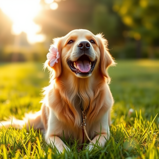 A happy golden retriever with a flower behind its ear sitting on green grass with sunlight shining down enjoying a beautiful day