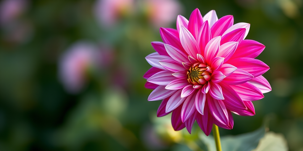 Capture a vibrant pink and white dahlia flower against a soft-focus green background, using a Canon EOS 5D Mark IV, 85mm lens, f/2.8 aperture, ISO 100, 1/200 sec shutter speed, with natural lighting to enhance color and detail.
