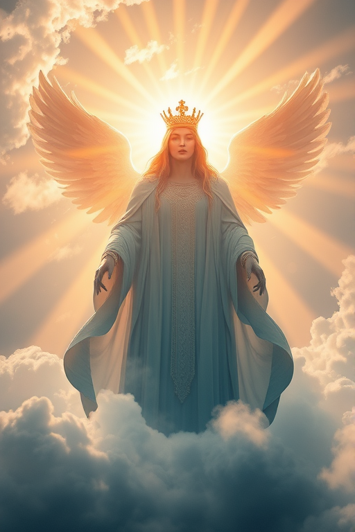 Create an ethereal image of a majestic figure in a heavenly setting, surrounded by luminous clouds and golden light beams, captured with a full-frame DSLR camera at f/2.8, ISO 100, 1/250 sec shutter speed, using a wide-angle lens to enhance depth and foreground details, with a soft focus to create a dreamlike atmosphere.