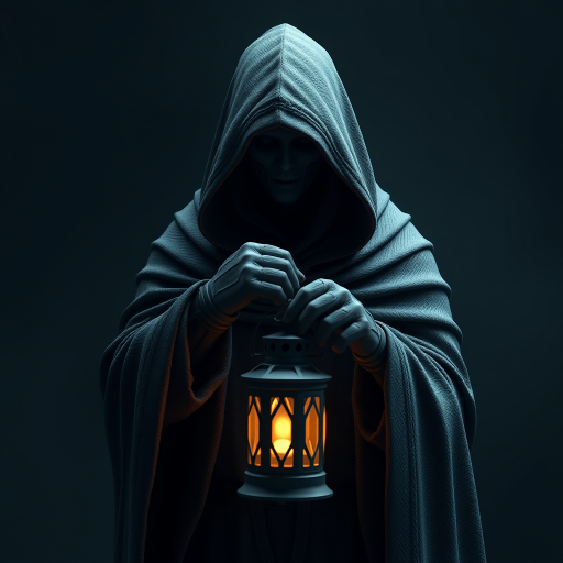 Create a highly detailed 3D rendering of a cloaked figure holding a lantern, set against a dark, moody background, with soft lighting to enhance the textures, using a Canon EOS R5, 85mm f/1.2 lens, ISO 100, aperture f/2.8, and a slight depth of field for a dramatic effect.