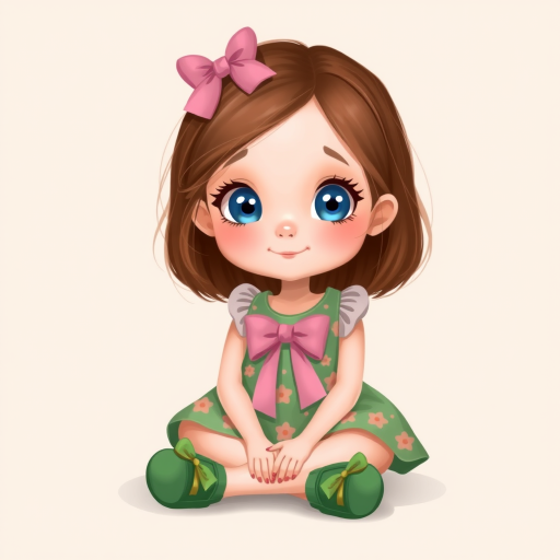 digital illustration of a kid girl with brown hair and blue eyes, sitting on the floor with her legs crossed and her hands resting on her knees. she is wearing a green floral dress with a pink bow on the front and a pair of green shoes with gold ribbon. She has a pink bows on her head. The background is a light beige color with a subtle texture. whimsical and dreamy.The color scheme is soft and muted pastel.