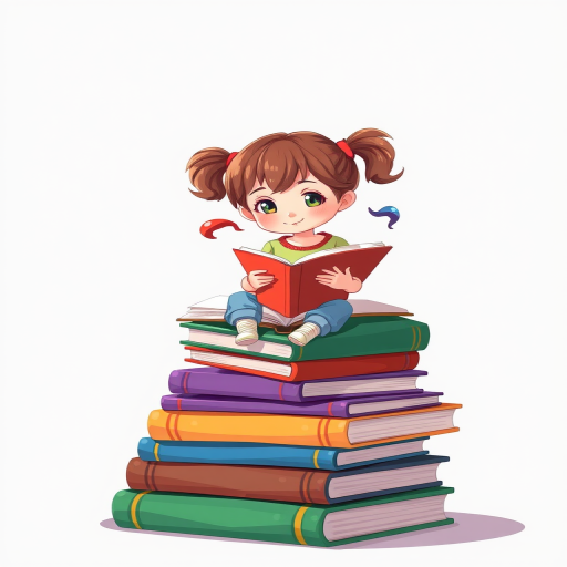 Create a colorful illustration of a girl with pigtails sitting atop a stack of oversized books while reading an open book, bright and playful style, digital art, 300 DPI, top-down view, DSLR camera settings: f/2.8, ISO 100, 1/200s.