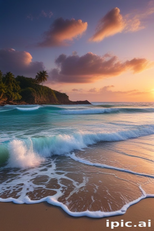 Tranquil Sunset Over Serene Ocean Waves and Lush Tropical Landscape