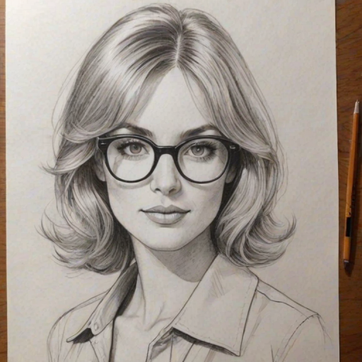 Wonderful Alison Haislip, pencil sketch, portrait of Lovely woman 1970s in glasses, hair style beatnik, outline, clear lines, fine lines, 8k