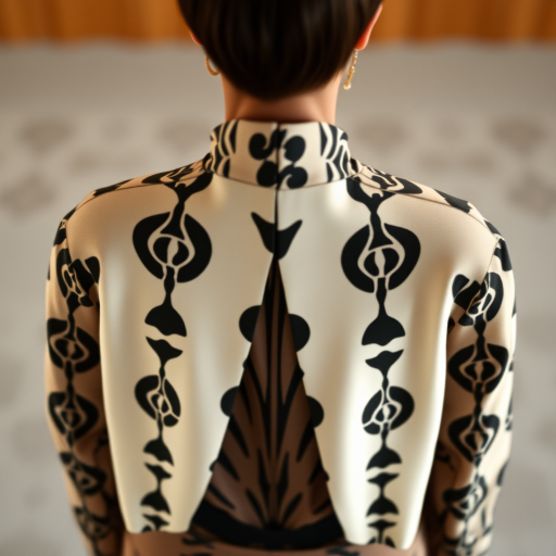 Capture the model from a high angle, emphasizing the outfit’s pattern and silhouette. Use a 35mm prime lens to maintain sharpness and minimize distortion