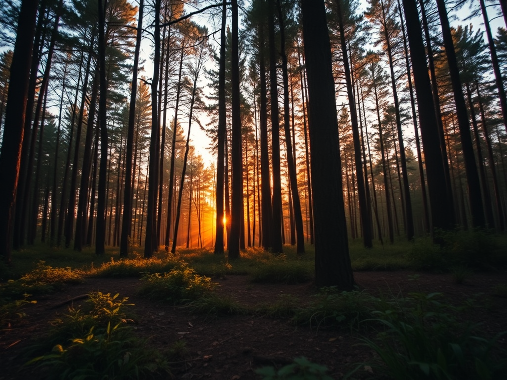 Generate a high-quality image of a serene forest landscape during golden hour, captured with a Canon EOS R5, 50mm lens, f/1.8 aperture, ISO 100, 1/200 sec shutter speed, with a focus on vibrant colors and soft lighting, shot from a low angle perspective.