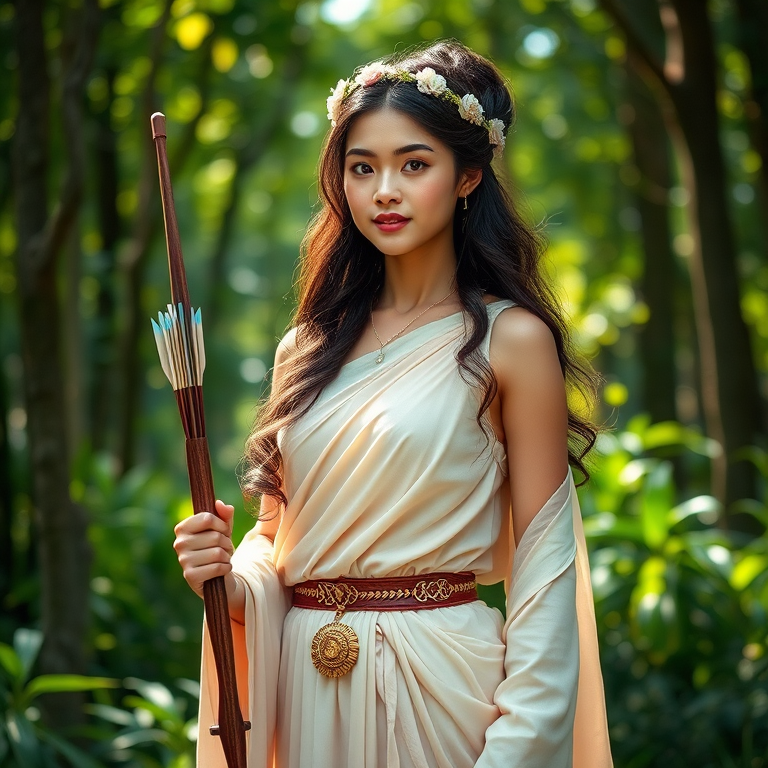 Create a portrait of a goddess-like Singaporean girl figure in a tranquil, forested environment. She has an elegant appearance with long, wavy hair styled in an updo and adorned with a delicate, floral headband. She wears a flowing, ancient Greek-inspired gown in a soft, pale color, featuring a one-shoulder design and draped fabric that accentuates her graceful form. The outfit includes a decorative belt with ornate gold detailing, and she holds a bow in her hand, with a quiver of arrows slung over her shoulder. The background depicts lush greenery, with sunlight filtering through the trees, casting a gentle, ethereal light on the scene. Her expression is calm and contemplative, embodying a sense of wisdom and serenity.