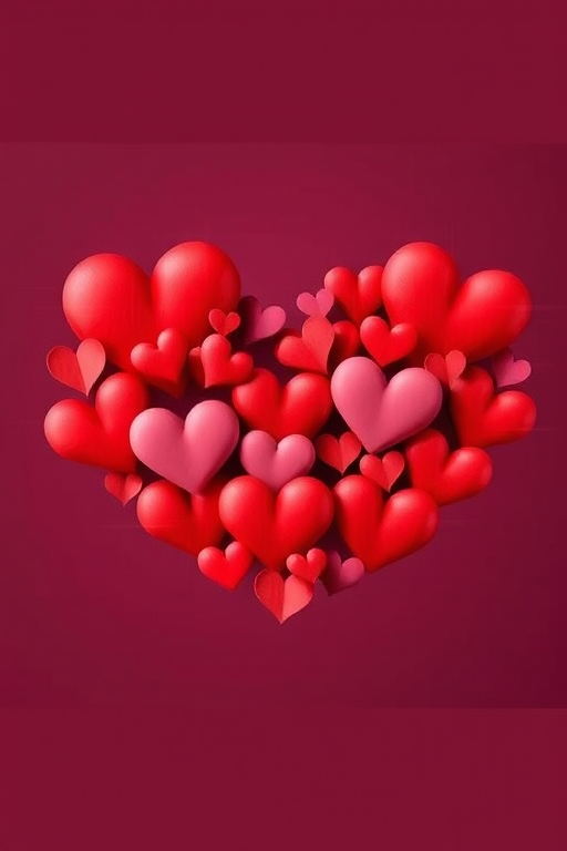 Create a vibrant collage of multiple red hearts forming a large heart shape, using a DSLR camera with a 50mm lens, aperture set to f/2.8, ISO 100, shallow depth of field, and a soft focus background to enhance the heart shapes' vivid colors and details.