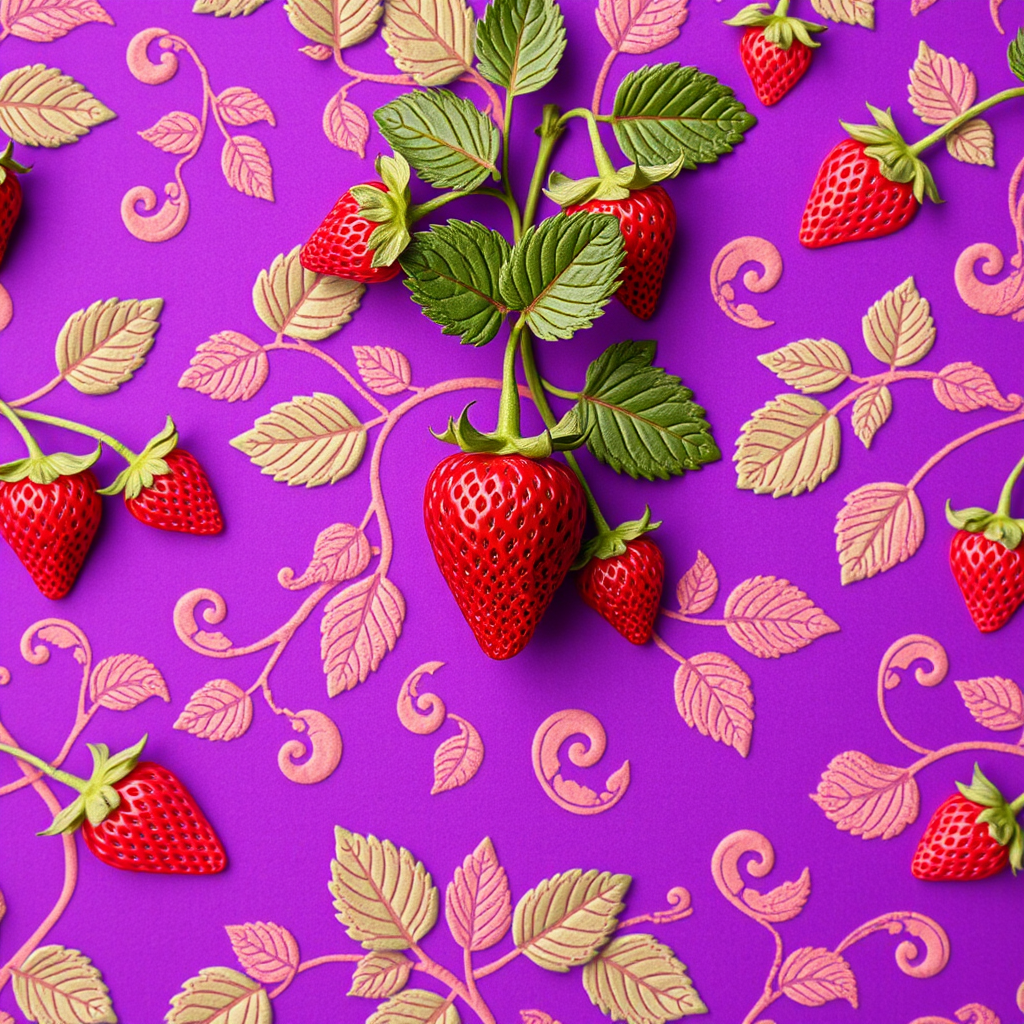 create a vibrant purple patterned background featuring intricate strawberry and vine designs, shot with a Canon EOS R5, 50mm lens, f/2.8, ISO 100, in soft natural light, with a top-down view to capture the detail of the patterns