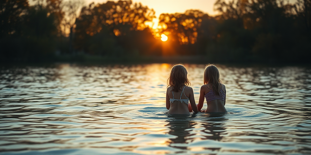 Two girls sitting in shallow water, surrounded by autumn trees and a sunset glow, soft reflections on the water's surface, camera settings: ISO 200, f/4, 1/125 sec, camera view: wide angle, camera style: cinematic, camera type: digital mirrorless.