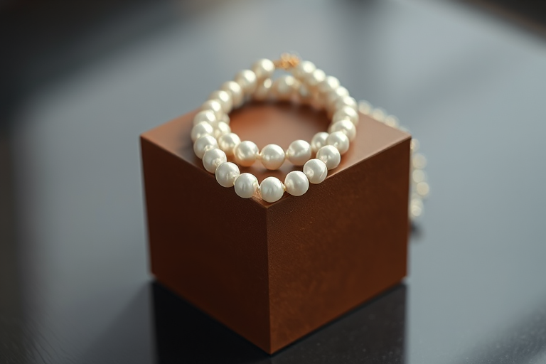 Create a still life image of a brown cube with a pearl necklace elegantly draped over it, using a soft focus effect, a 50mm lens at f/2.8, and a shallow depth of field, with soft lighting to enhance the textures and reflections.