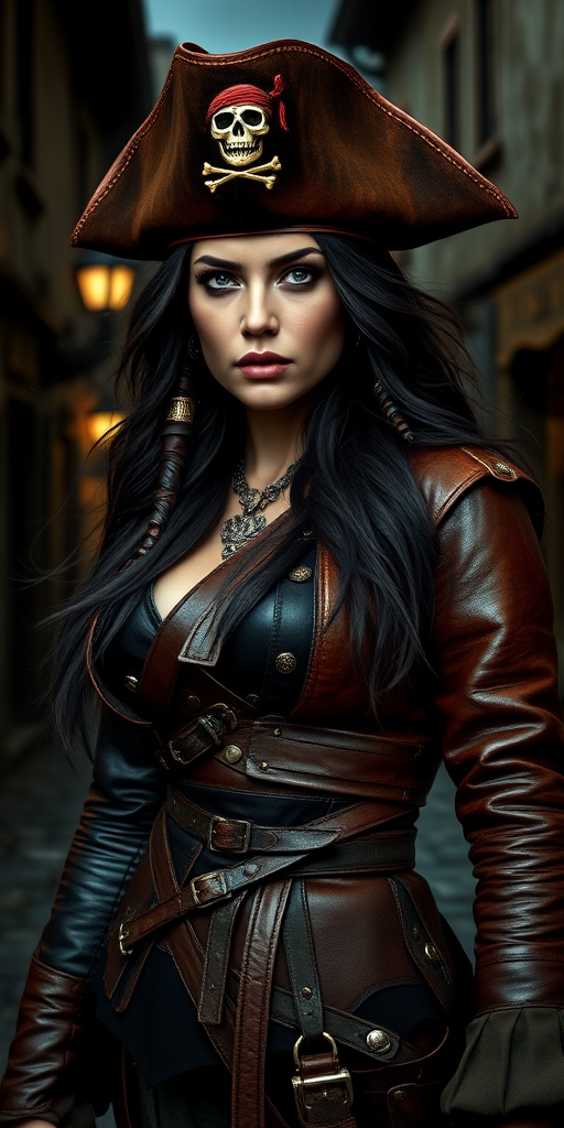 Create a portrait of a fierce female pirate. She wears a leather tricorn hat adorned with a skull and crossbones emblem, and her long, dark hair flows around her face. Her outfit consists of a richly detailed leather jacket, a corset, and multiple layers of belts and accessories, giving her a formidable and stylish appearance. She stands confidently in a dimly lit, historic port town, with a backdrop of weathered buildings and cobblestone streets, capturing the adventurous spirit of a pirate.