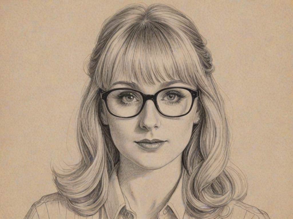 Dazzling Melissa Rauch, pencil sketch, portrait of Magnificent woman 1923s in glasses, hair style beatnik, outline, clear lines, fine lines, 8k