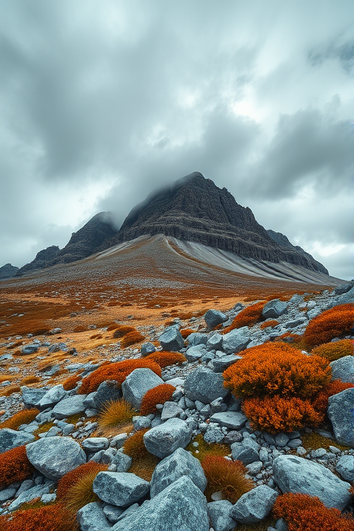 Capture a dramatic mountain landscape with a stony terrain contrasting against a cloudy sky, using a Canon EOS R5 with a 24-70mm f/2.8 lens, aperture f/8, shutter speed 1/250s, ISO 100, at a wide-angle perspective to emphasize depth and detail in the rocky features and autumn-colored vegetation.