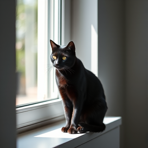 Generate a high-resolution image of an elegant black cat sitting gracefully on a windowsill, natural light streaming through the window, using a DSLR camera with an aperture of f/1.8, ISO 100, and a focal length of 50mm to capture fine details and a soft background blur.