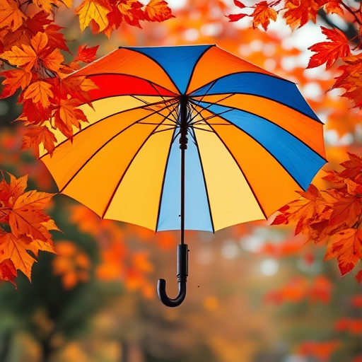 Create an illustration of a vibrant umbrella with blue and orange stripes surrounded by falling autumn leaves in shades of red, yellow, and orange, captured with a Canon EOS R5, 50mm lens, f/2.8 aperture, ISO 100, in bright natural light for enhanced detail and color saturation.