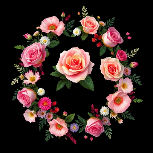 create a floral wreath illustration with pink roses and assorted flowers on a black background, using a Canon EOS 5D Mark IV, ISO 100, f/8, 50mm lens, high-resolution, soft lighting, focus on vibrant colors and intricate details.