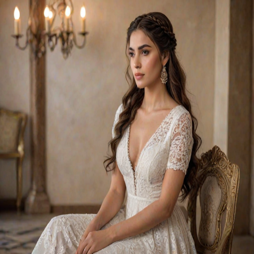 Create a portrait of a refined and elegant Kurdish woman seated in a sophisticated setting. She has long, wavy hair styled in two thick braids that are pulled over her shoulders. She wears a white, lace gown with intricate patterns, featuring a deep V-neckline and short sleeves. The dress exudes a vintage charm with its delicate lacework. She is adorned with ornate, dangling earrings that add a touch of glamour to her appearance. The background is softly lit, with warm, ambient lighting that creates a cozy and inviting atmosphere. Her expression is poised and serene, capturing a sense of grace and elegance.