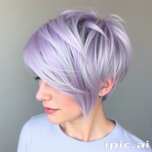 Pastel lavender pixie cut with wispy bangs and platinum blonde highlights, called "Moonlight Whisper" style, featuring textured layers and a soft, ethereal appearance