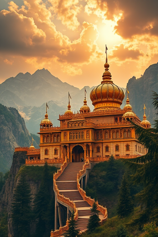 Create a fantasy landscape featuring an ornate golden palace with intricate architecture, surrounded by majestic mountains and luminous skies, captured in high resolution with a Canon EOS R5, 24mm lens, f/11 aperture, 1/125 sec shutter speed, and a vibrant color profile for enhanced details and dynamic range.