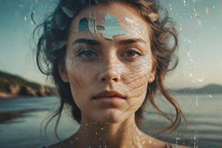 this photo is Book cover, A surreal double exposure portrait that blends a woman's face with a beautiful seascape. The overall mood is dreamy and mystical, with rich colors and intricate details