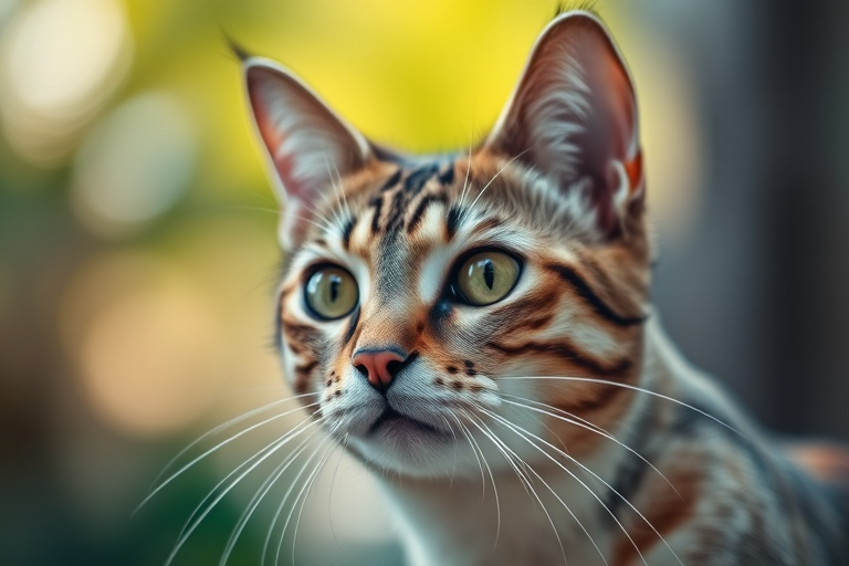 regenerate an image of a cat with striking features, focus on details and texture, using a Canon EOS 5D Mark IV, aperture f/2.8, shutter speed 1/500s, ISO 100, natural daylight, shallow depth of field, vibrant colors, soft bokeh background