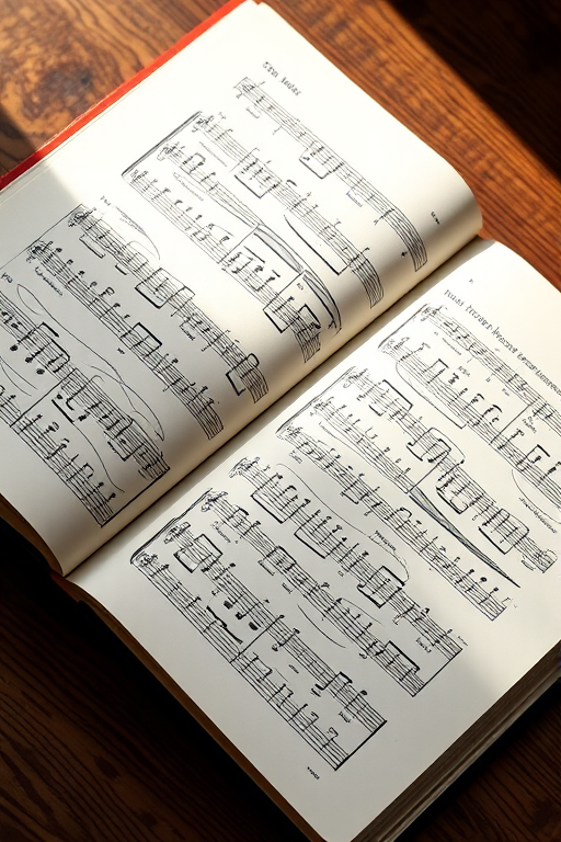 open book on wooden table with visible sheet music, natural lighting, shallow depth of field, ISO 200, f/2.8, 50mm lens, DSLR camera, top-down view