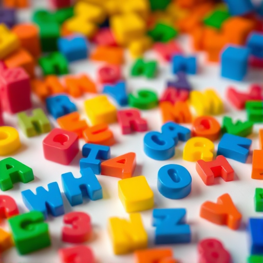 colorful plastic alphabet and number blocks scattered on a white surface, shallow depth of field, 50mm lens, f/1.8, ISO 100, natural light, macro photography, digital single-lens reflex camera