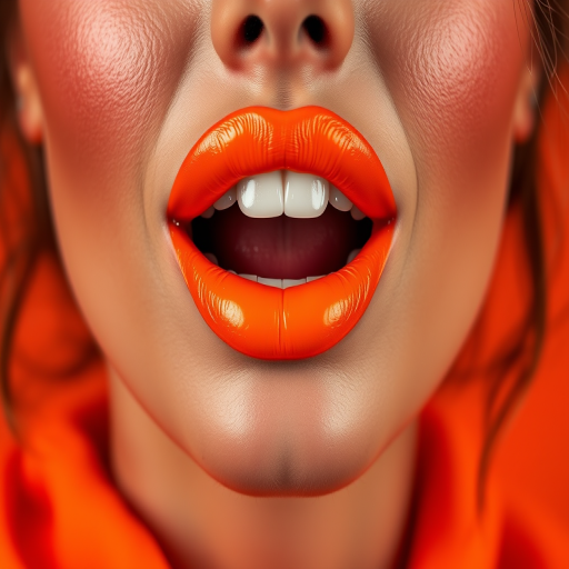 Vivacious woman lips showcasing neon orange satin finish, full face image bursting with energy and vibrant personality