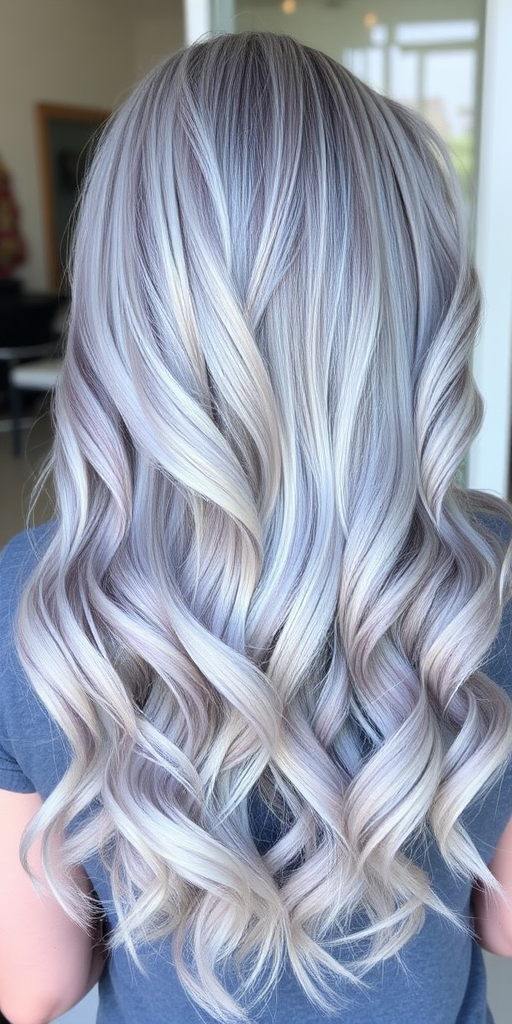 Mesmerizing silver-gray locks in the "Moonlight Sonata" style, long layered cut with feathered ends, subtle blue-tinted highlights throughout, soft romantic waves flowing down back, side-swept bangs blending seamlessly