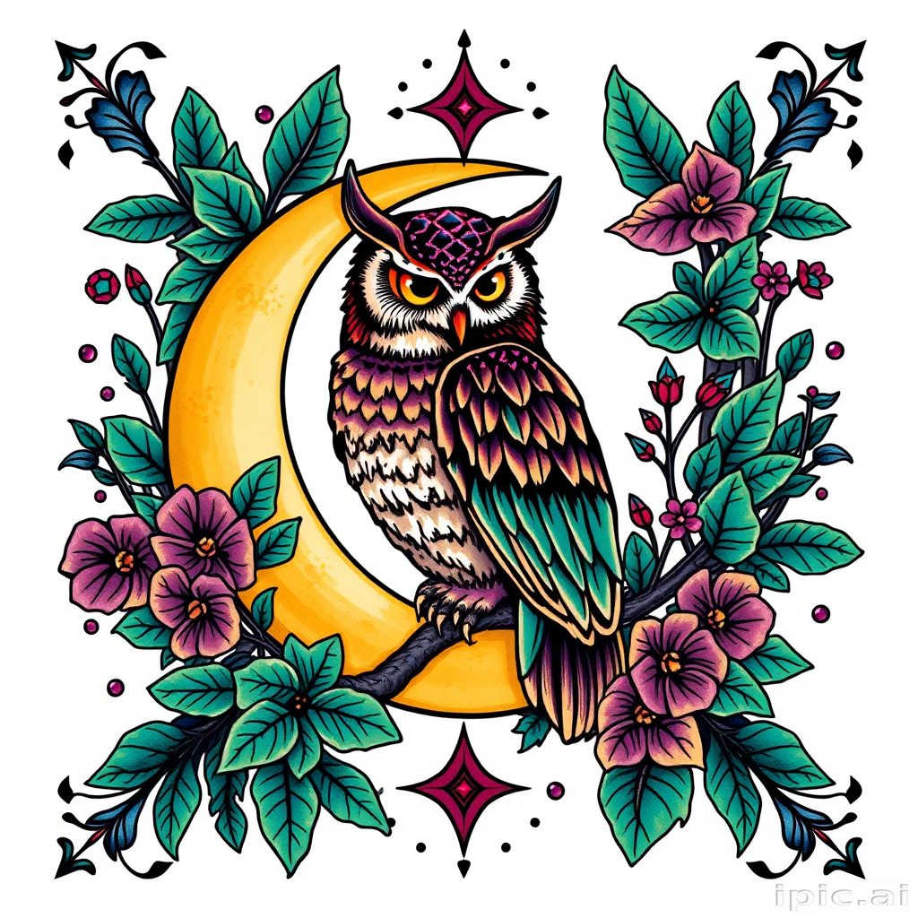 Neo-traditional tattoo design titled "Enchanted Forest Guardian" showcasing a mystical owl perched on a crescent moon surrounded by lush foliage and magical symbols in jewel tones