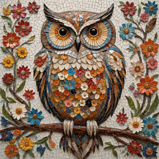 A mosaic of floral owls, each owl intricately composed of individual flower blossoms. The design showcases a delicate balance of nature and form, where the feathers of the owls are replaced by vibrant petals and blooms. The overall appearance is whimsical yet detailed, with each floral element contributing to the intricate patterns of the owl’s body. The artwork embraces a raw, organic style, with natural hues and soft textures, creating a harmonious blend of flora and fauna. The mosaic arrangement adds depth and visual intrigue to the piece, evoking a sense of wonder and artistic beauty.
