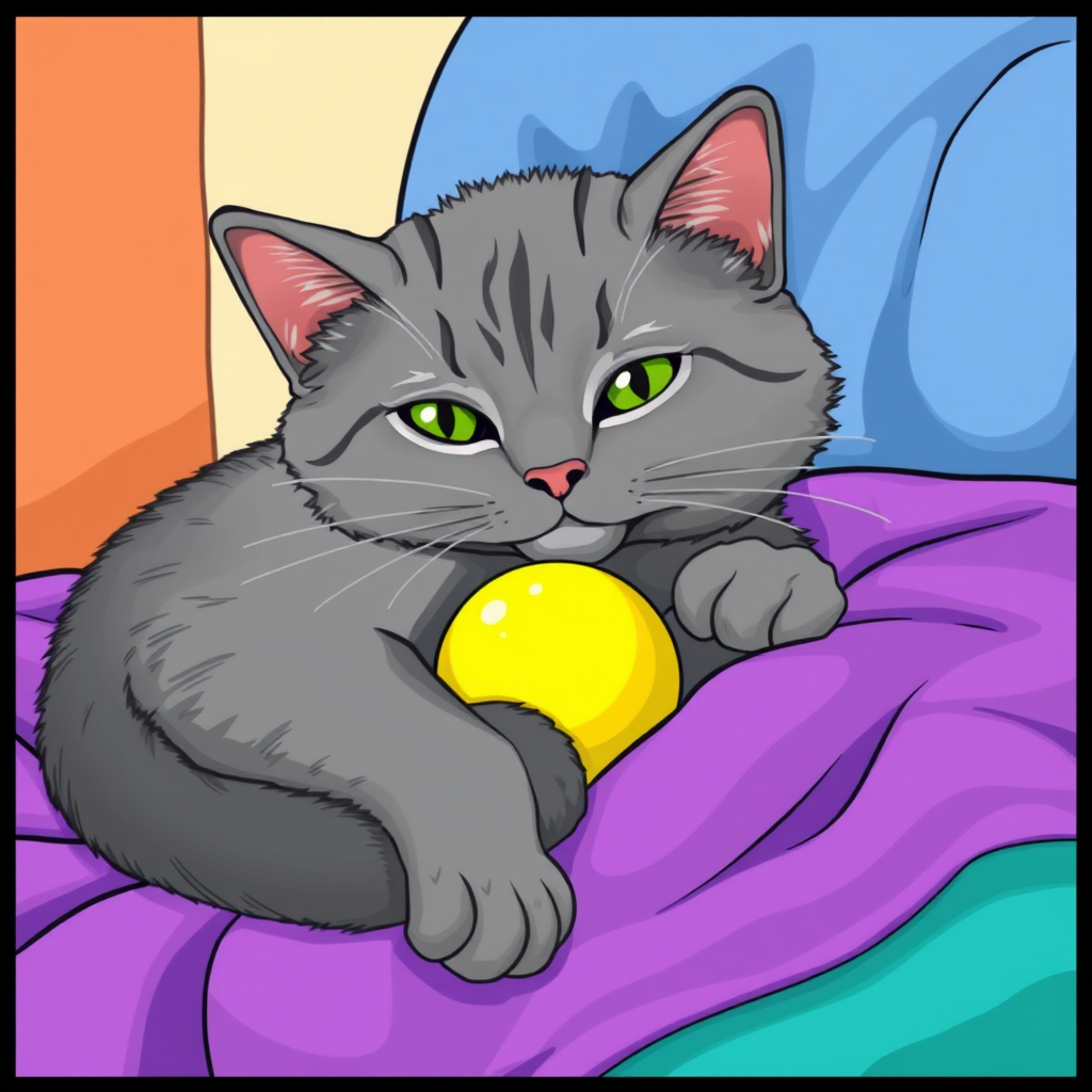 Generate a high-quality illustration of a gray cat lounging on a purple blanket with a yellow ball, focus on vibrant colors and smooth lines, use a digital drawing style, camera settings: ISO 100, aperture f/8, shutter speed 1/125s.