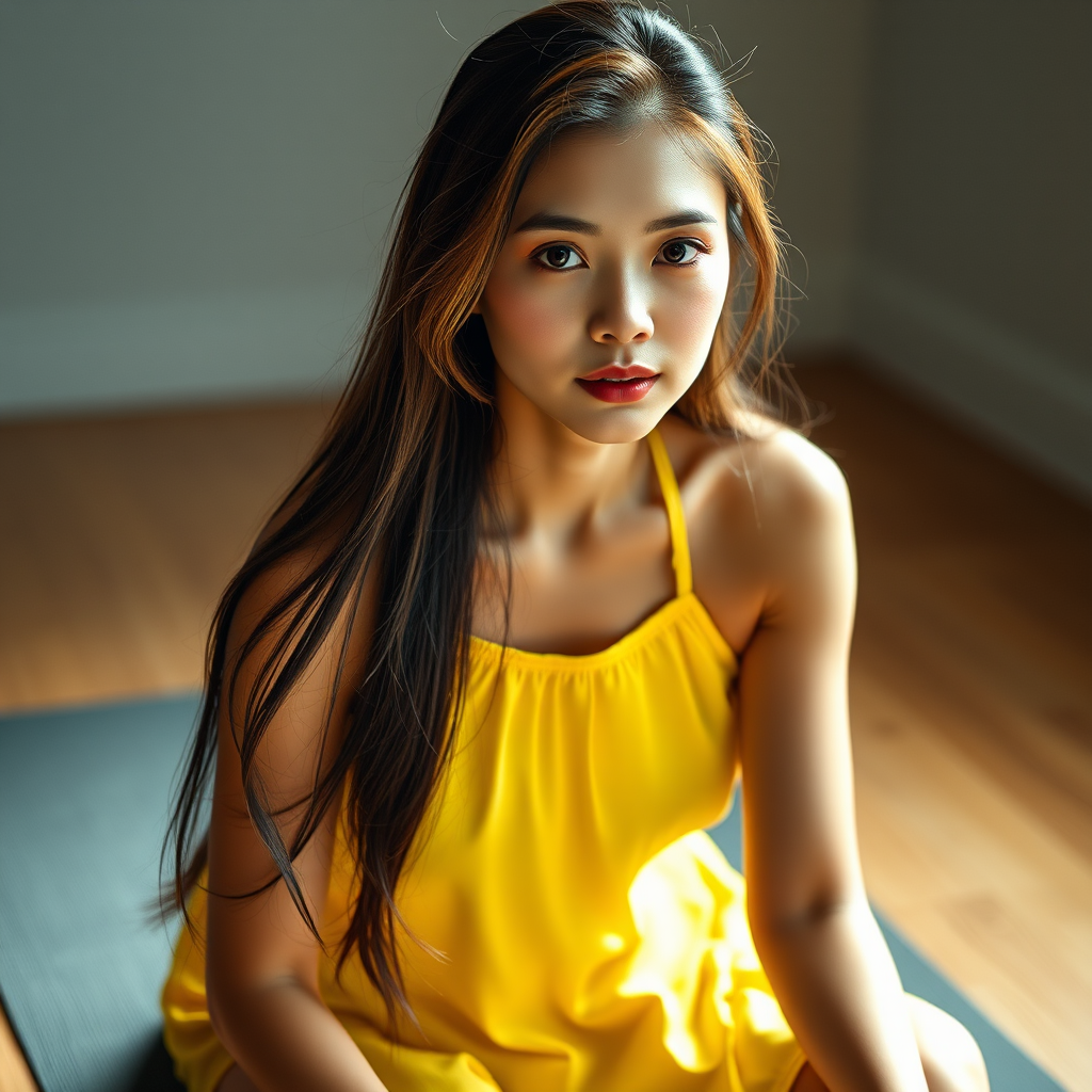 Resplendent photo of woman:Chinese:0.4, highlight hair, wearing Banana dress, sitting on Yoga mat, rim lighting, studio lighting, looking at the camera, dslr, ultra quality, sharp focus, tack sharp, dof, film grain, Fujifilm XT3, crystal clear, 8K UHD, highly detailed glossy eyes, high detailed skin, skin pores
